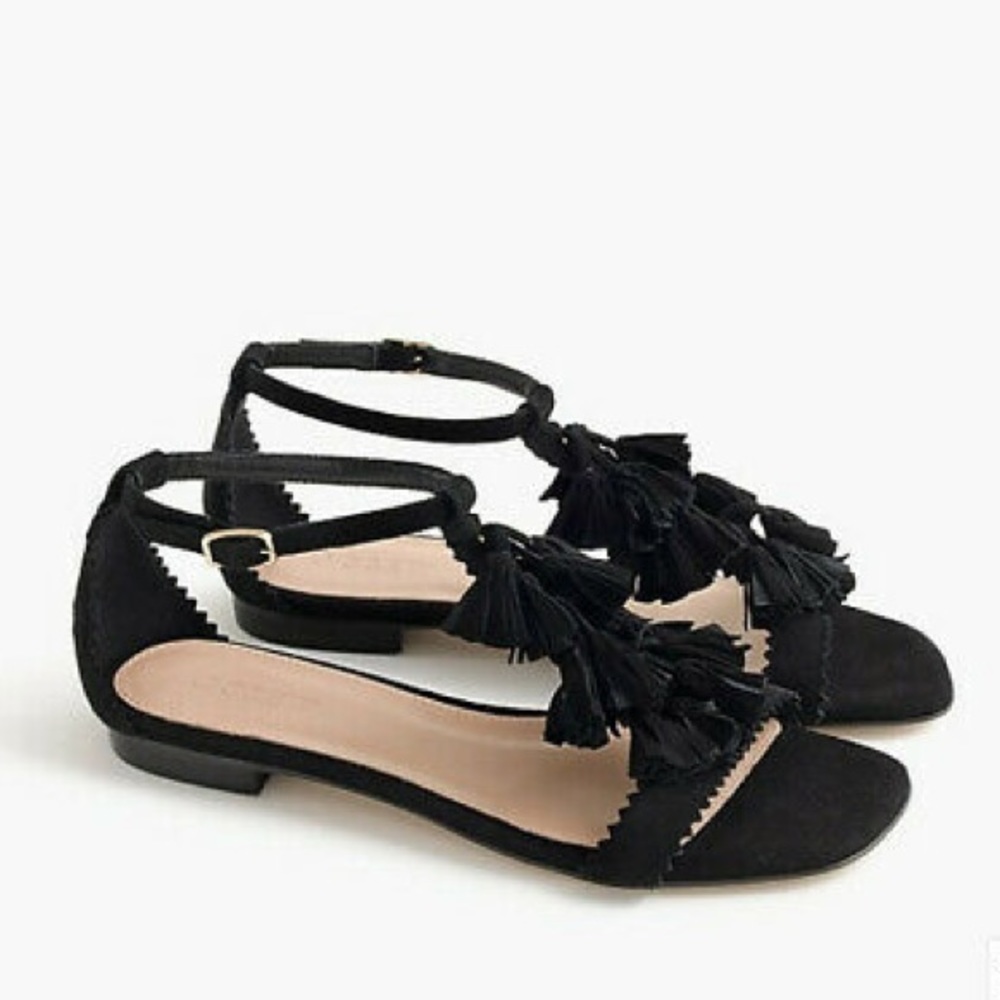 HP🎉 J. CREW • Black Suede Tassel Sandals Size 10